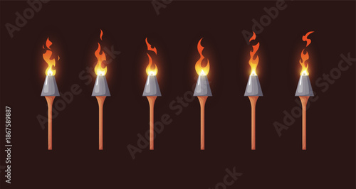 Torch animation sprite sheet. Fire sequence for 2d games, set of looping flame effects for cartoon video projects. Burning Hawaii beach torchlight. Vector illustration on a black background
