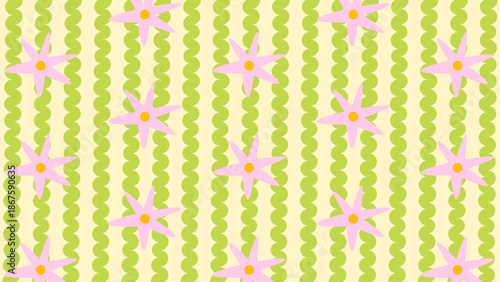 Seamless pattern of moderate wave lines and flowers in the foreground. Soft natural aesthetic for modern design use.