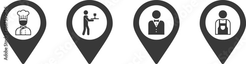 Hospitality staff location pin icon set with chef waiter manager and barista silhouettes for restaurant map discovery vector.