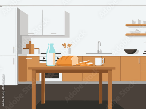 charming kitchen scene with a breakfast table fresh bread milk and utensils Clean modern design and bright lighting create a welcoming atmosphere Perfect for food lifestyle or home decor visuals