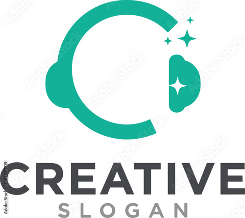 Creative music headphone logo design with teal audio headset icon and sparkle stars for podcast and sound studio vector.