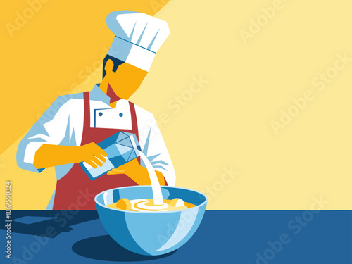 Chef pours milk into a bowl, baking illustration. Bright, modern style. Ideal for food, baking, and culinary themes. Clear composition, appealing design.