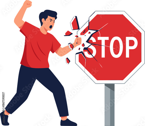 A determined young man smashes a stop sign, symbolizing action against human trafficking. Bold, graphic illustration promoting justice and awareness. Vibrant, impactful design.