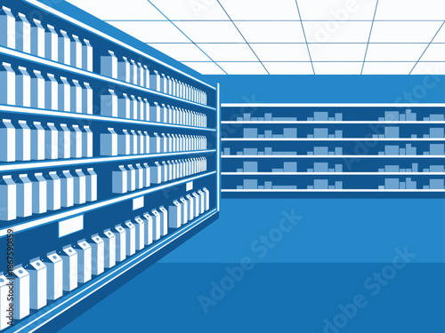 Clean supermarket aisle scene with dairy products on shelves. Bright blue background emphasizes product display. Ideal for commercial use and shopping concepts.