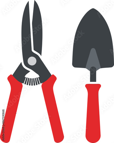 Gardening tools ? pruning shears and trowel ? illustrate houseplant maintenance. Clean, modern design for commercial use. Focus on essential gardening tools.