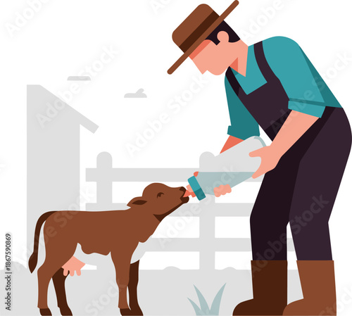 A farmer gently feeds a calf with a bottle in a rural dairy setting. Warm colors and a clear composition create a wholesome, idyllic scene.