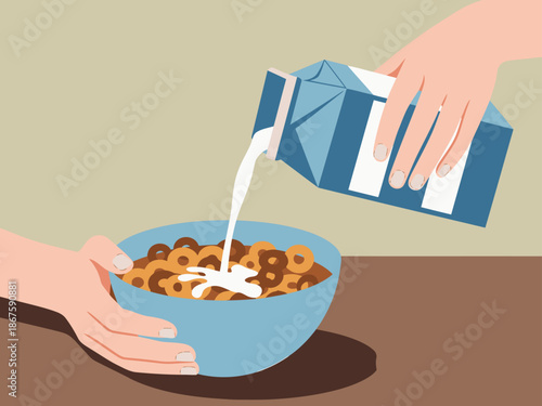 A hand pours milk over cereal in a bowl. A bright, cheerful breakfast scene. Perfect for food, lifestyle, and commercial use.