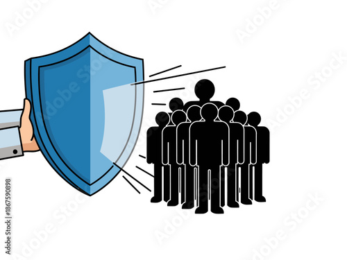 A hand shields a group of people, symbolizing protection of human rights. Bold graphic design with a blue shield and black figures.  Clear, impactful visual.