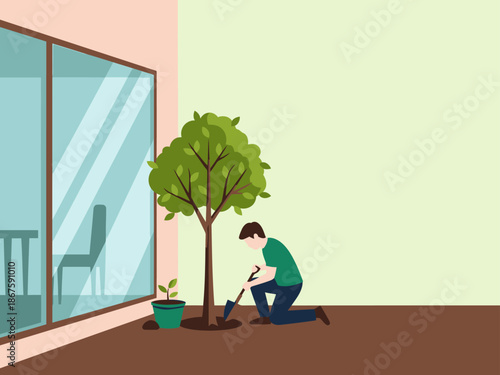 A man plants a tree near a large window, illustrating natural cooling. A modern interior setting with a focus on sustainable living and a healthy environment.
