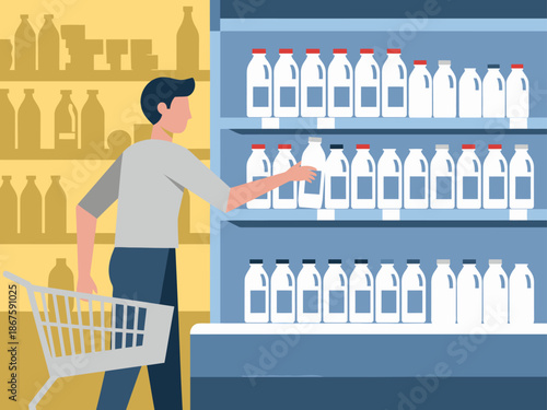 A man shops for milk in a grocery store. He pushes a shopping cart, focused on the shelves filled with bottles. Clean, modern illustration.