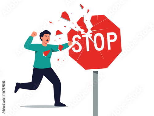 A man smashes a stop sign, symbolizing action against trafficking. Dynamic composition, vibrant colors, conveys urgency and justice. Powerful visual statement.