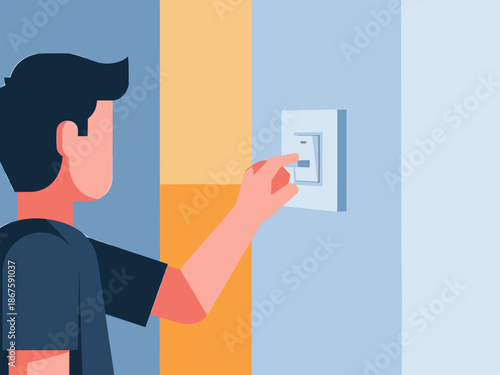 A young man turns off a light switch, illustrating energy saving. Clean, modern illustration with bright colors and a clear focus on the action. Perfect for sustainability campaigns.