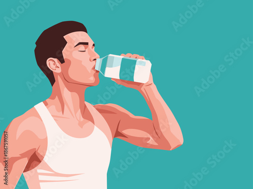 A muscular athlete drinks a recovery milk drink, revitalizing after intense training. Vibrant colors and a clean design highlight the product's benefits. Perfect for health and fitness marketing.