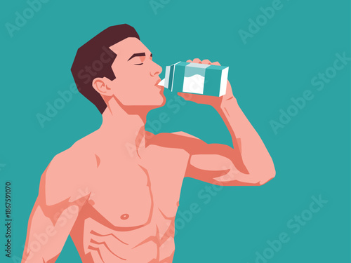 A muscular athlete drinks recovery milk from a carton, emphasizing post-workout hydration and strength. Vibrant colors and dynamic pose.