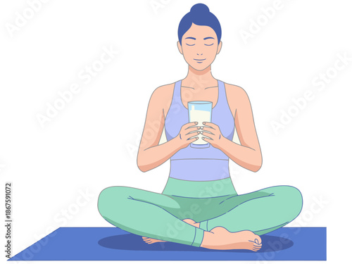 A serene woman enjoys a mindful yoga session with a glass of milk. Soft colors and a calming composition promote wellness and relaxation. Ideal for health and lifestyle content.