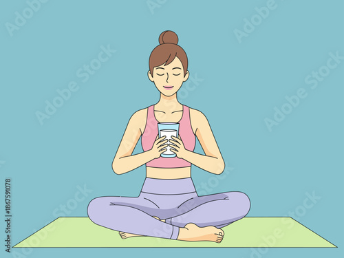 A serene woman enjoys a yoga wellness drink on a mat. Soft colors and a calming pose create a peaceful, healthy lifestyle image.