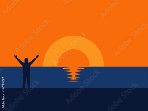 Silhouette figure celebrates a new dawn with outstretched arms against a vibrant sunrise. A hopeful and inspiring image for a fresh start.
