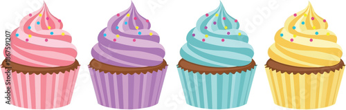 A colorful arrangement of four frosted cupcakes with sprinkles on top
