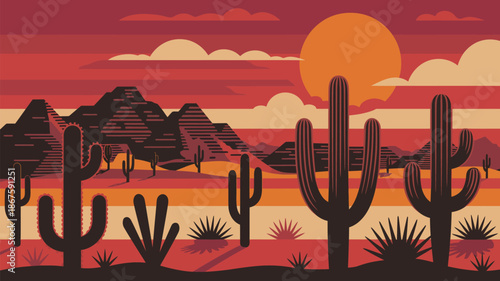 Vibrant Desert Landscape with Cacti and Mountains at Sunset