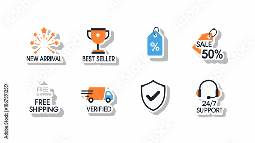 A collection of colorful e-commerce sticker icons, including new arrival, best seller, discount, sale, free shipping, verified, security, and 24/7 support.
