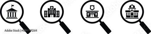 Public service building search icon set with magnifying glass government hospital police and fire station silhouettes for map vector.