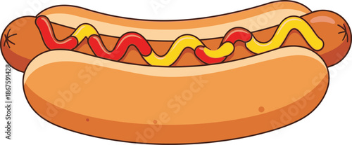 A cartoon illustration of a hot dog with mustard and ketchup on a bun