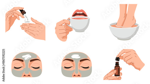 A collection of beauty and self-care routines, illustrating various steps for skincare, relaxation, and personal wellness.