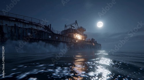 Abandoned rusty ship floating on calm ocean water at night with bright full moon and moonlight reflection, mysterious atmosphere