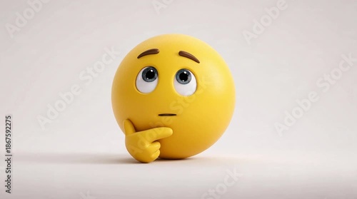 Cute 3D yellow emoji face thinking and pondering with hand on chin isolated on white background, thoughtful expression animation
