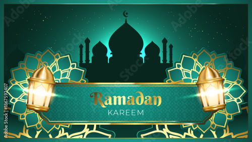 Luxurious Ramadan Kareem celebration greeting card banner. Traditional Islamic festive poster design. 3D Arabian decorations, mosque silhouette, and golden lanterns