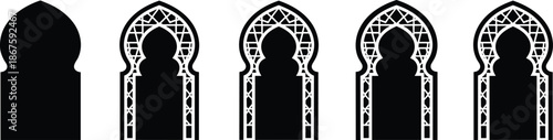 Traditional Islamic arch silhouette set with oriental moroccan door frames and arabic architectural window patterns for religious ramadan vector.