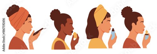 A diverse group of women engaging in various self-care and beauty routines, including plucking, applying lip balm, and using essential oils.