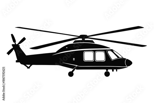 Modern Helicopter Silhouette Vector - Black Aviation Chopper Icon Isolated on White Background for Rescue, Transport, and Military Use Visuals