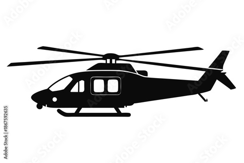 Black Helicopter Silhouette Isolated on White Background, Minimalist Aviation Vector Icon for Graphic Design