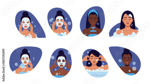 A diverse group of women engage in various self-care and beauty routines, applying facial masks and enjoying relaxing baths.