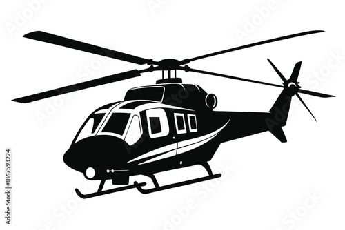 Classic Helicopter Silhouette Shape, High Contrast Aviation Graphic Isolated on White Backdrop