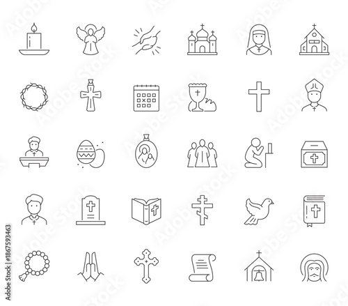 Collection of Christian Religious Line Icons and Symbols.