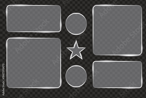 Transparent glass banners set with glossy frames on dark checkered background for modern web design interfaces