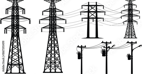 Silhouette illustration set of 6 Electrical Towers high voltage pylon transmission tower and utility pole