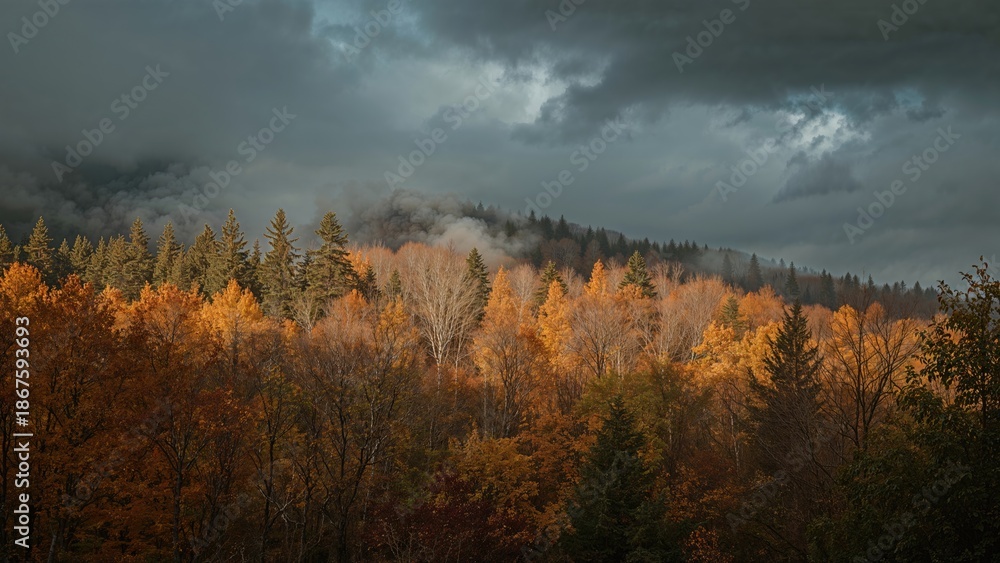 Fototapeta premium Autumn forest with colorful trees and dark stormy sky. Nature and seasonal change. Forest landscape. The scene of fall foliage and approaching storm.