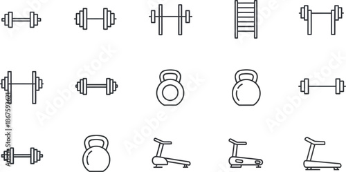 Collection of simple outline icons representing various weightlifting equipment and cardio machines essential for a comprehensive gym setting or fitness application interface design