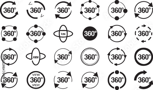 Black and white 360 degree rotation arrows and dots