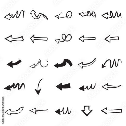 Collection of Diverse Hand Drawn Arrow Icons in Black Line Style.