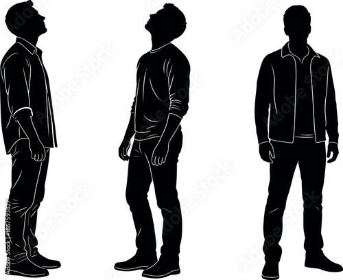 Black silhouette set of men standing and looking up in casual clothing isolated on white background for creative vector design