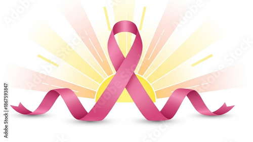 Pink ribbon symbolizing breast cancer awareness with a vibrant sunburst background