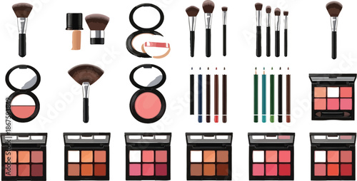 Assorted collection of professional cosmetic products featuring various makeup brushes foundation compact powders blushes and colorful eye liner pencils neatly arranged for beauty application concepts