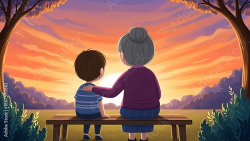 Illustrated Grandson and Grandmother Sitting on Bench at Sunset
