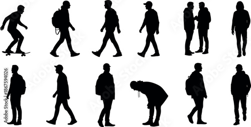 Black silhouettes of young men walking skateboarding and standing in urban casual clothing isolated on white background for vector design