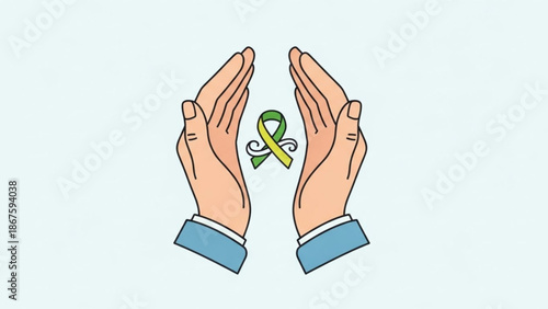 Hands cradling a green and yellow awareness ribbon on a light blue background symbolizing support and care