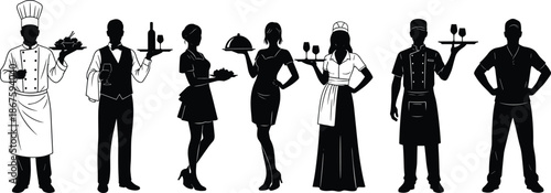 Silhouettes of hospitality staff in uniforms including chefs, waiters, waitresses and bartenders representing teamwork, restaurant service, food and beverage industry